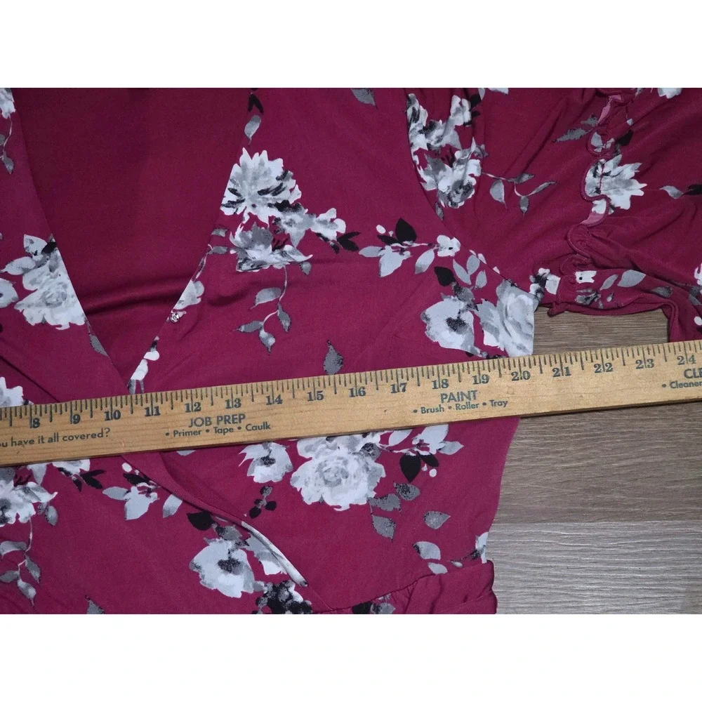 Cato Burgundy Floral Wrap Midi Dress Ruffle Sleeve V-Neck Tie Waist Stretch L B1